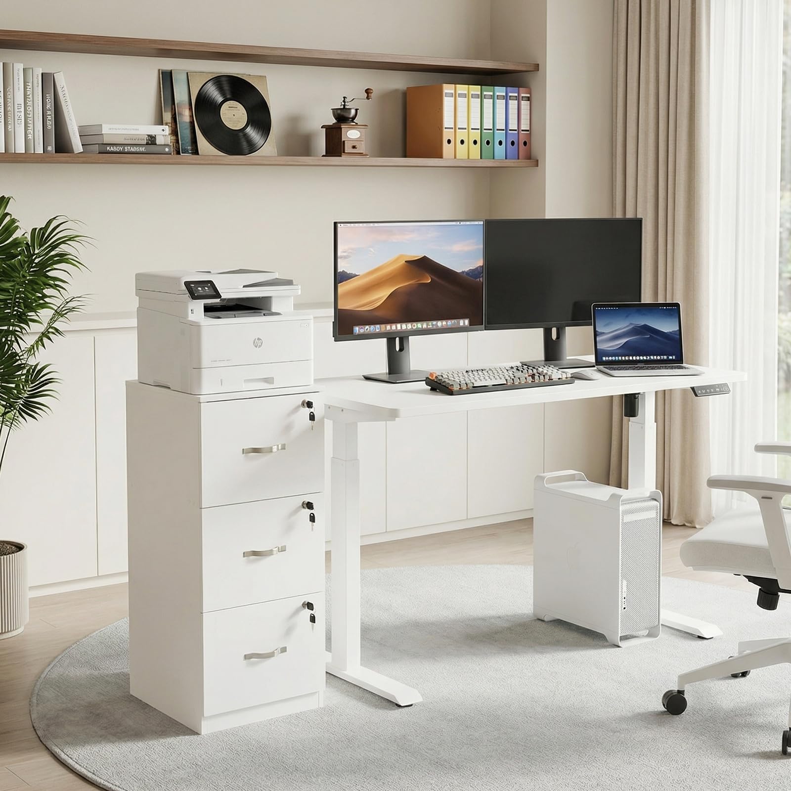 buybyroom Cajonera Oficina, Cajonera Escritorio con 3 Cajones Cerradura y Llaves, Multiusos Armario Archivador con Barras Colgantes para Oficina Escritorio Casa,103.5cm Alto, Blanco