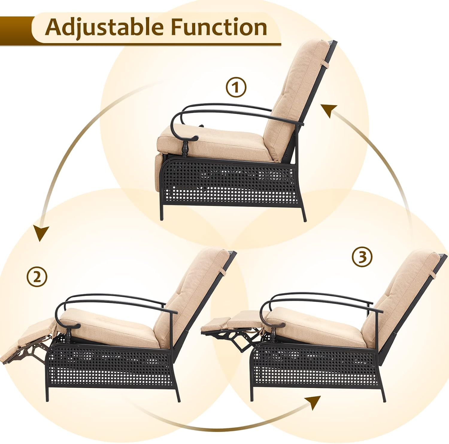 AECOJOY Outdoor Recliner Chairs, Patio Metal Reclining Lounge Chairs with Adjustable Backrest, Comfortable Pool Chaise Chairs with Removable Beige Olefin Cushions for Sunbathing&Relaxing image 5