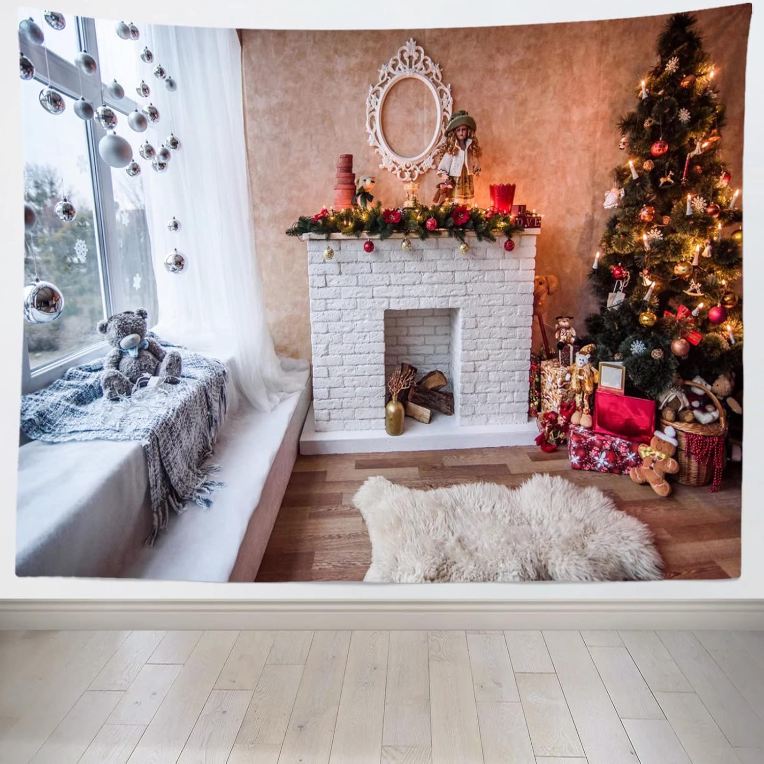 10x6.5ft Christmas Photography Backdrop White Fireplace Xmas Tree Large Windows Bright Sofa Winter Background Holiday Poster New Year Christmas Eve Party Banner Kids Family Photo Booth Props