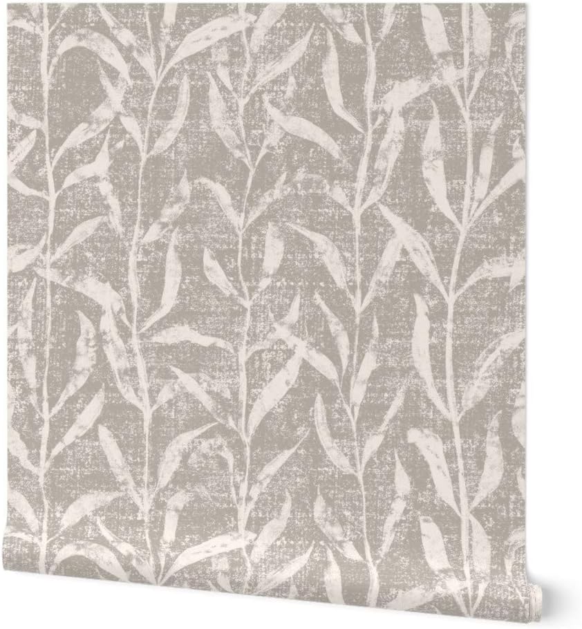Peel & Stick Wallpaper 9ft x 2ft - Farmhouse Leaves Gray Cream Vines Nature Neutral Custom Removable Wallpaper by Spoonflower