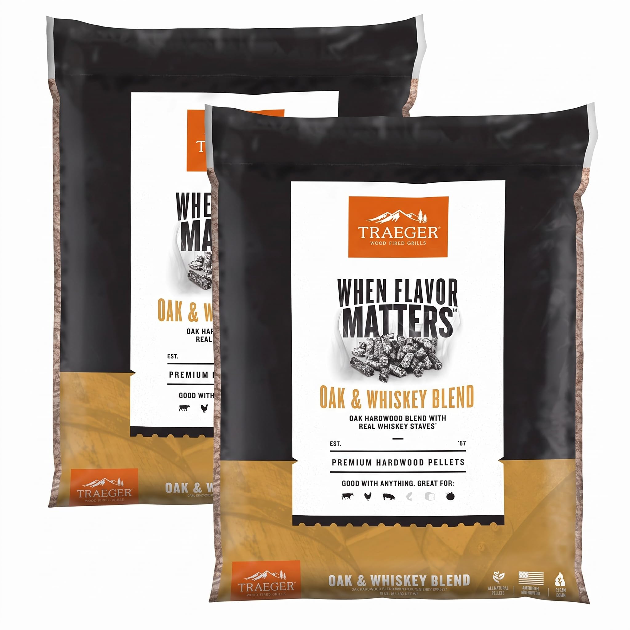 Traeger Grills Oak &amp; Whiskey Blend 100% All-Natural Wood Pellets for Smokers and Pellet Grills, BBQ, Bake, Roast, and Grill, 18 lb. Bag (Pack of 2)