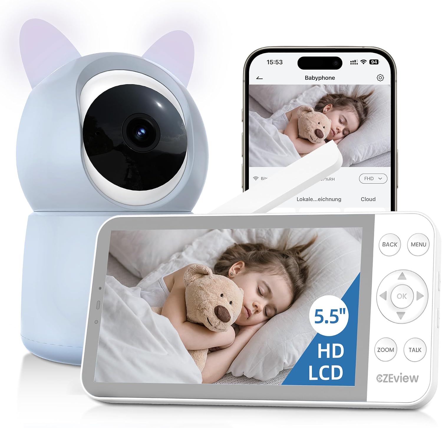 CZEview Babyfoon met camera en app, 2K / 5,5 inch wifi-videobabyfoon, nachtzicht, pan-tilt zoom, intelligent nachtlampje, automatische tracking, temperatuurweergave