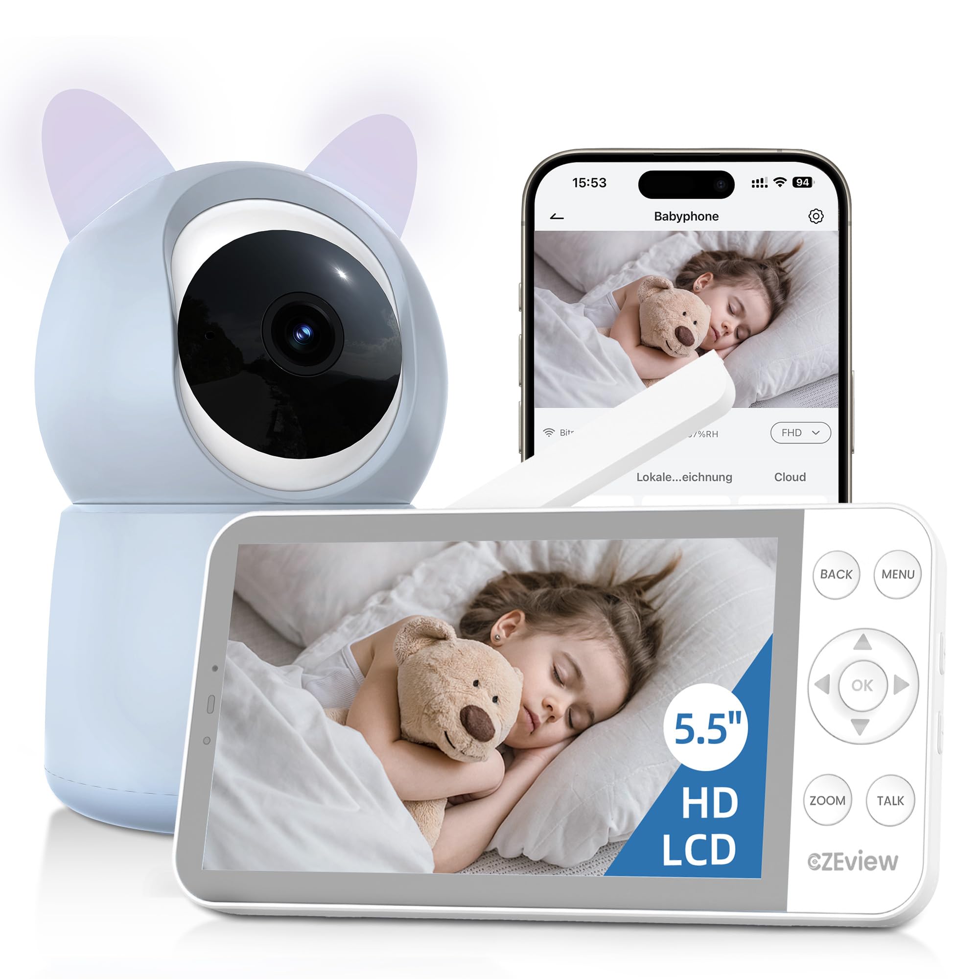 CZEview Vigilabebés con cámara y aplicación, 2 K/5,5 pulgadas, wifi, vídeo para bebé, visión nocturna, zoom pan-inclinado, luz nocturna inteligente, seguimiento automático, indicador de temperatura