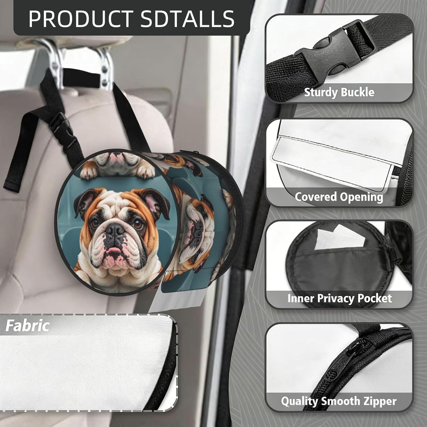 Hanging Toilet Paper Holder Waterproof Cat Proof Roll Paper Case Cover Portable Foldable Roll Storage Bag Funny English Bulldog Tissue Holder with Adjustable Strap for Travel Car Camping Outdoor image 4
