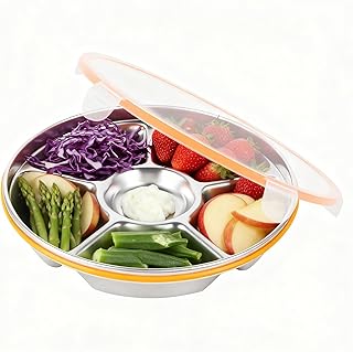 FDYBTZA Vegetable tray with lid - Stainless Steel 6 Compartment 12inch 60oz Snack & Veggie Tray for Parties