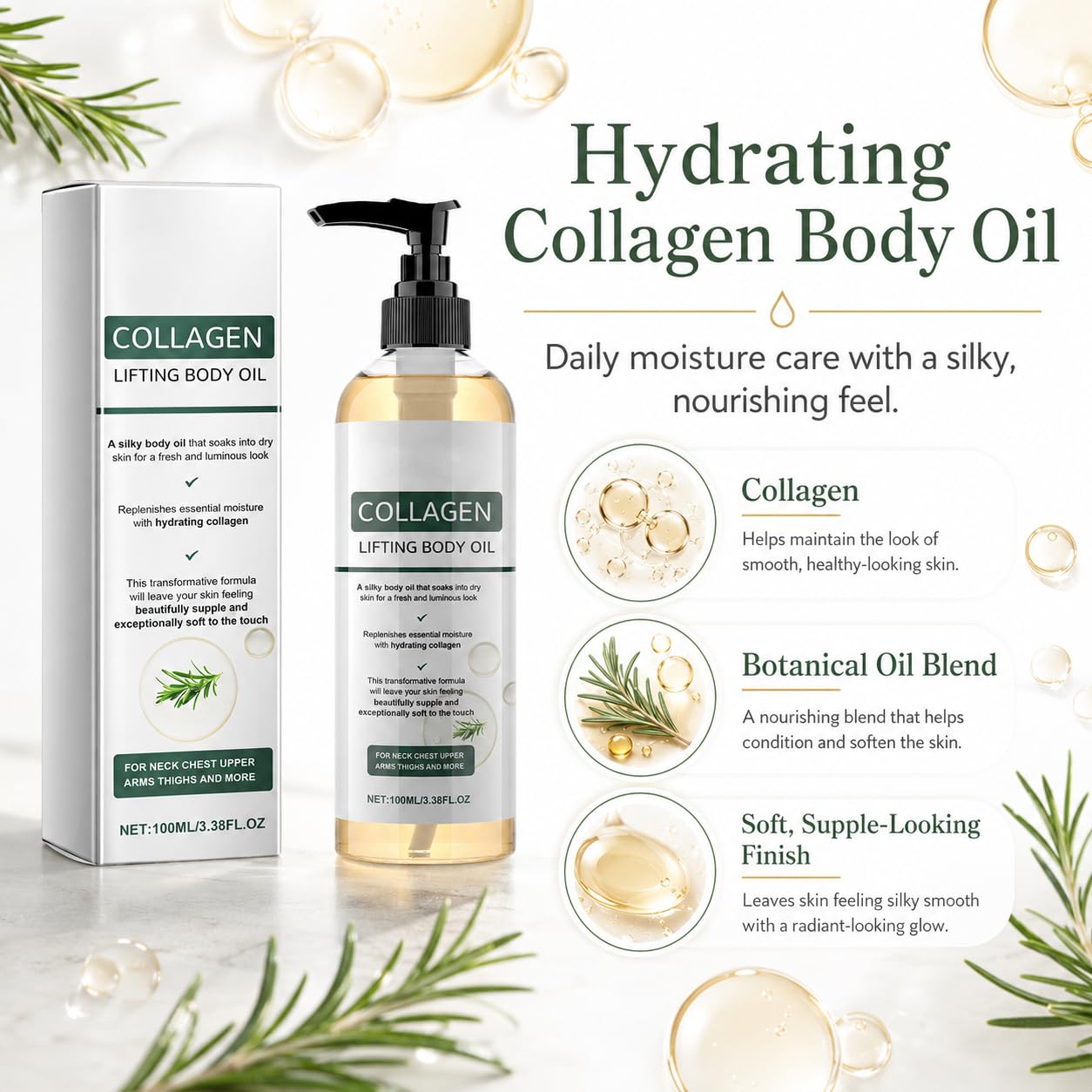 Collagen Body Oil for Women & Men, Lightweight Non-Greasy Body Oil After Shower, Hydrating Collagen Oil for Softer Smoother-Looking Skin, Daily Moisturizing Body Care, 3.38 fl oz image 5