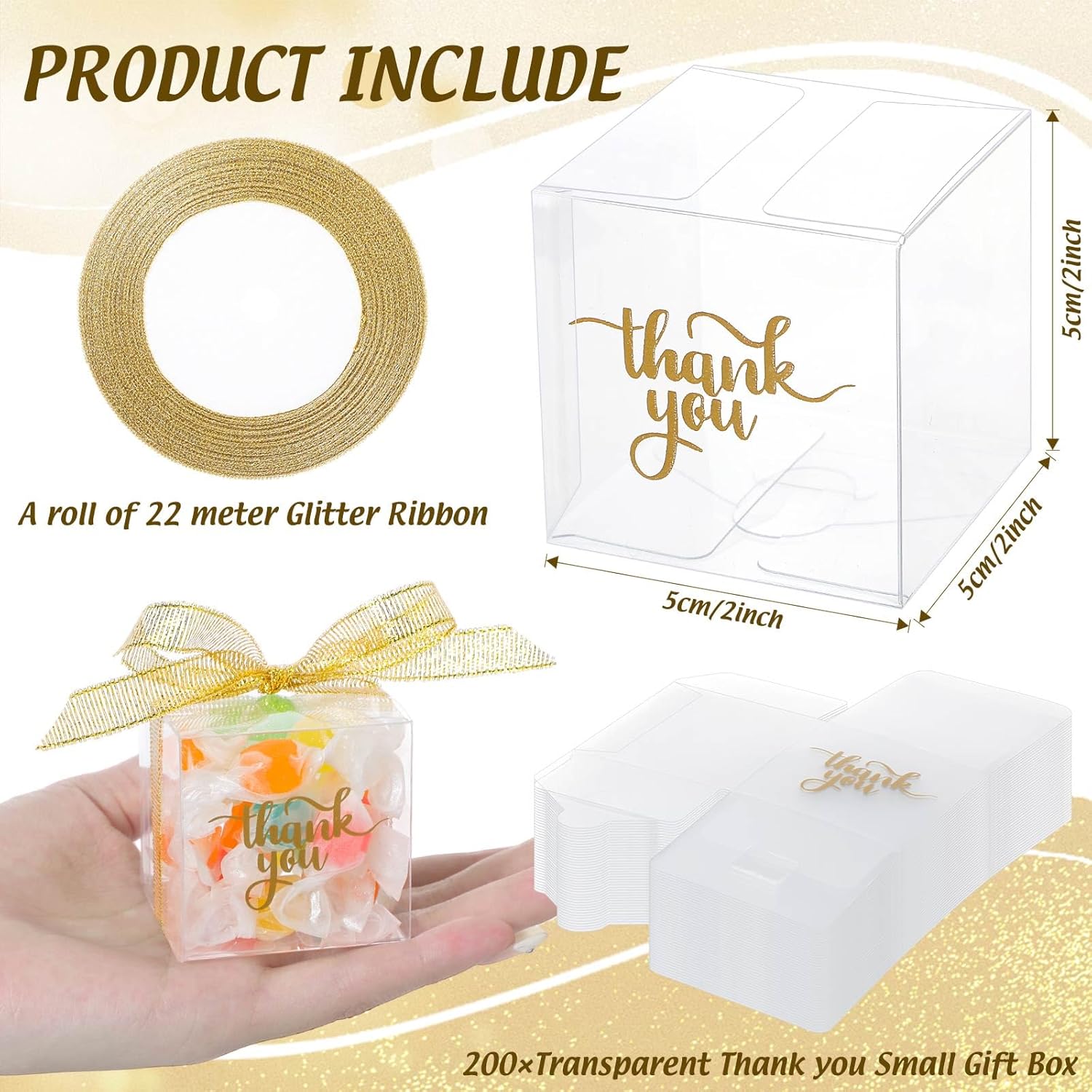 Thyle 200 Pcs Clear Gift Boxes Plastic Favors Box with Lid Ribbon Thank You Signs Transparent Treat Boxes for Party Favors Macaron Candy Dessert Cupcake Gift Wrap Boxes(2 x 2 x 2 Inch) - Image 2