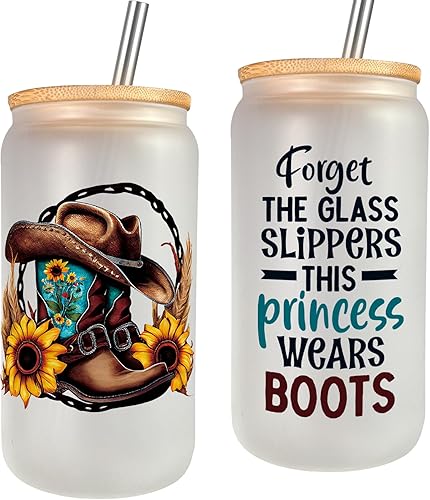 LEADO Tazas de sombrero de vaquera occidental, tazas de vidrio con botas de vaquera, tazas de café helado helado esmerilado de 16 onzas con tapa y