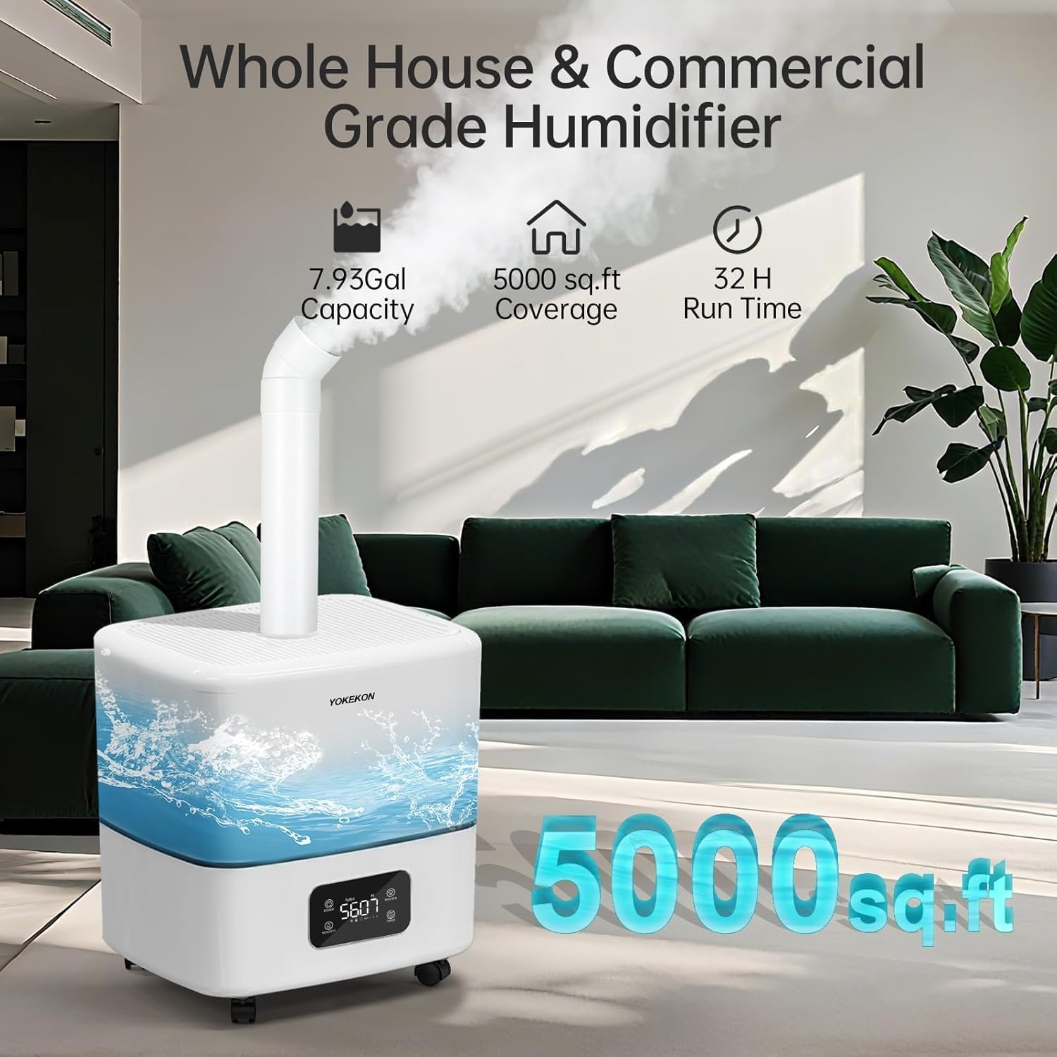 Yokekon 30L/7.93Gal Large Humidifier,10 atomizers for 4000mL/h output,White | Extension Tube,Swivel Caster,Top-Fill,32H Runingtime,Coverage 5000 sq.ft,for Lagre Room,Plant,Warehouse,Greenhouse,Commercial