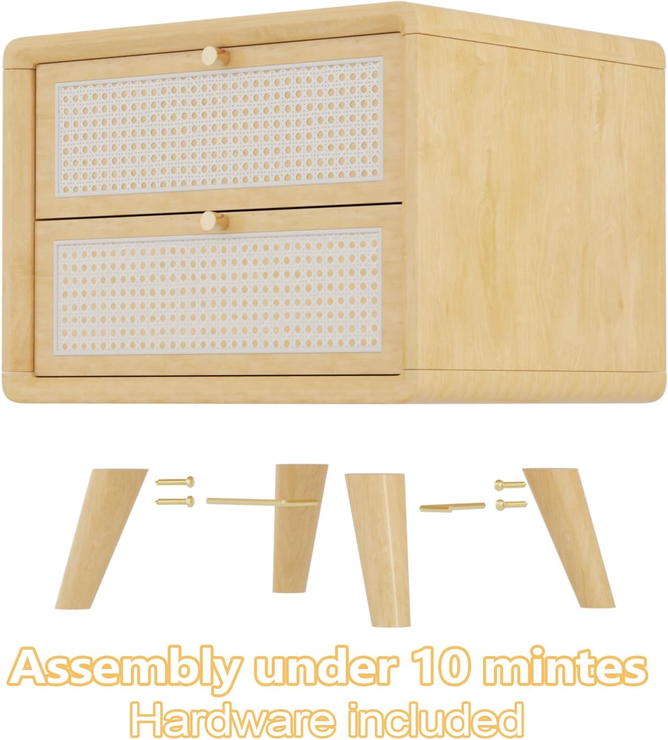 Solid Wood Nightstand with 2 Drawers, Rattan Wood End Side Table for Living Room, Bedside Table with Drawers for Bedroom, Fully Assembled (Natural)