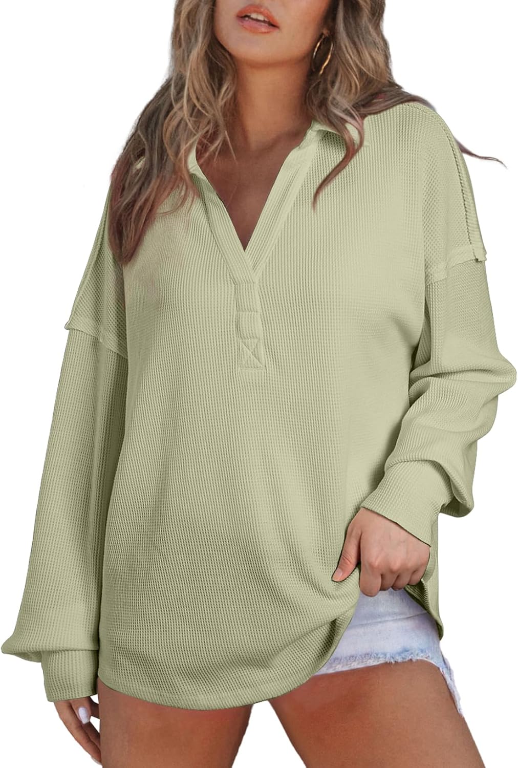 AlvaQ Womens Oversized Sweatshirt Loose V Neck Long Sleeve Lapel Collared Waffle Knit High Low Pullover Tops