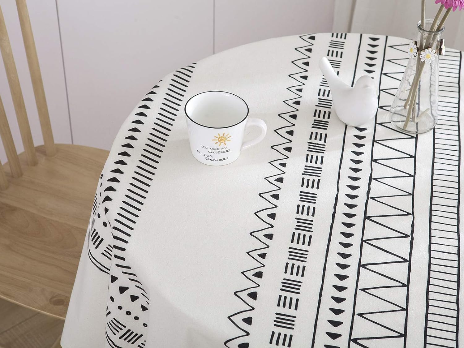 Exclusive Discount 50% Price ArtBud Cotton Linen Table Cloths Heavy Fabric Boho Table Cover Table Top Tablecloth for Farmhouse Coffee Kitchen Picnics White Black Round 60 inch(4-6 Seats)