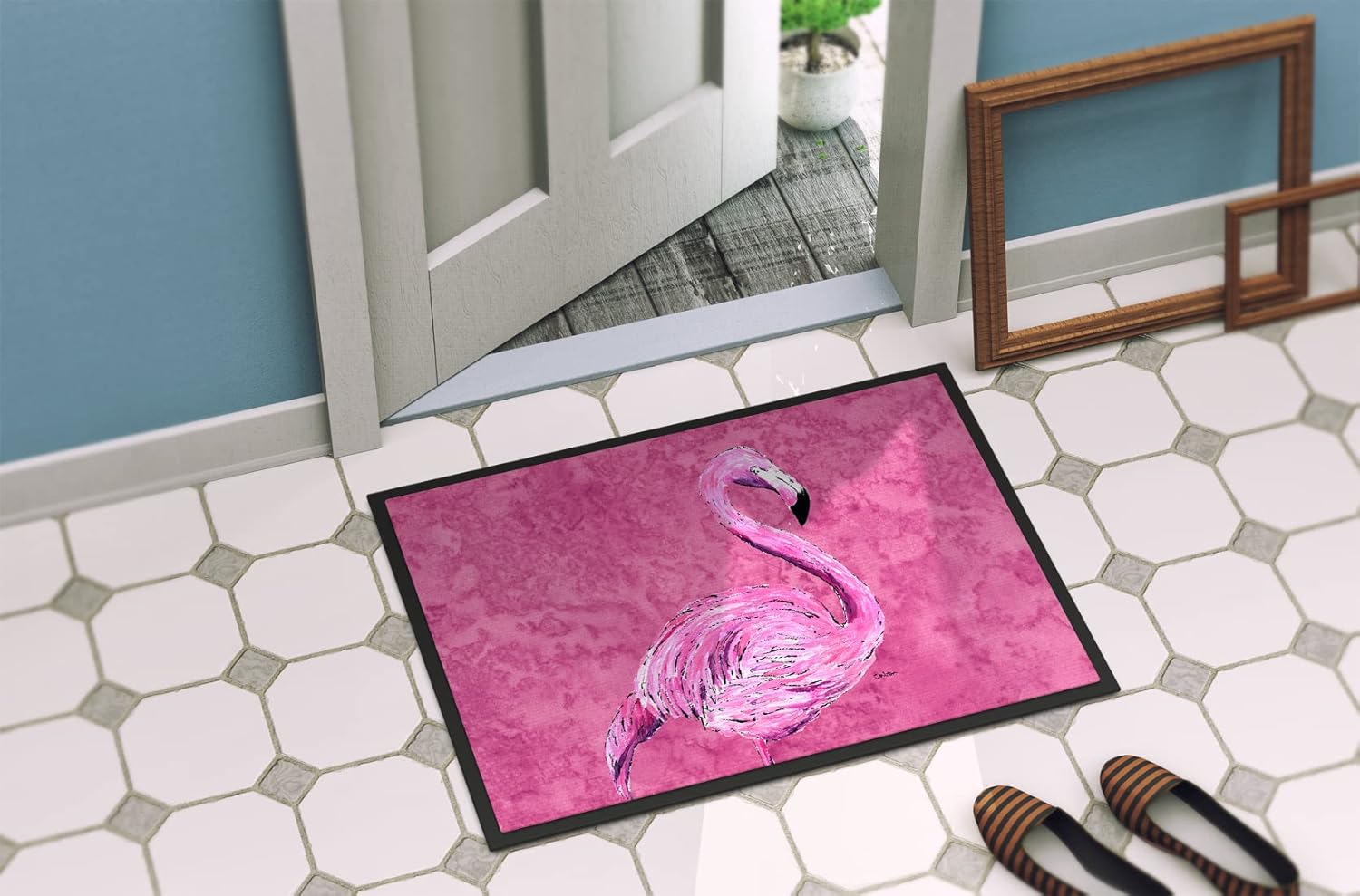 Caroline's Treasures 8875MAT Flamingo on Pink Doormat 18x27 Front Door Mat Indoor Outdoor Rugs for Entryway, Non Slip Washable Low Pile, 18H X 27W