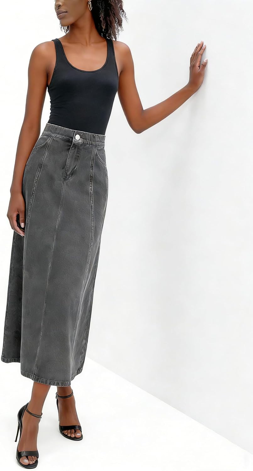 utcoco Women's Stretch High Waisted Denim Skirt Flowy A-Line Jean Maxi Skirt with Pockets