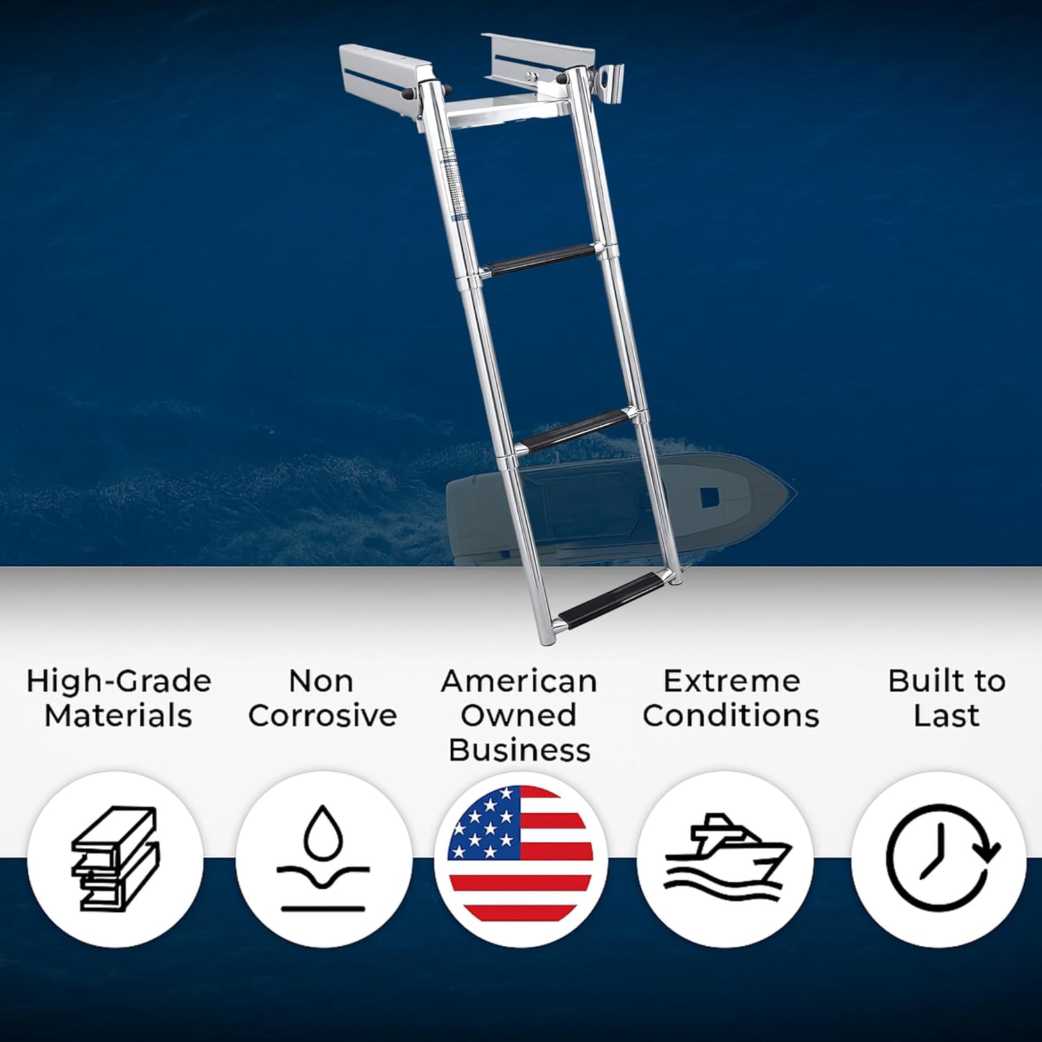 White Water - 3 Step Under Platform Boat Quick Release Telescoping Ladder | Marine Grade 316 Stainless Steel Foldable Boarding Access for Swim Platforms Powerboats Docks Sailboats | B00301USL-316