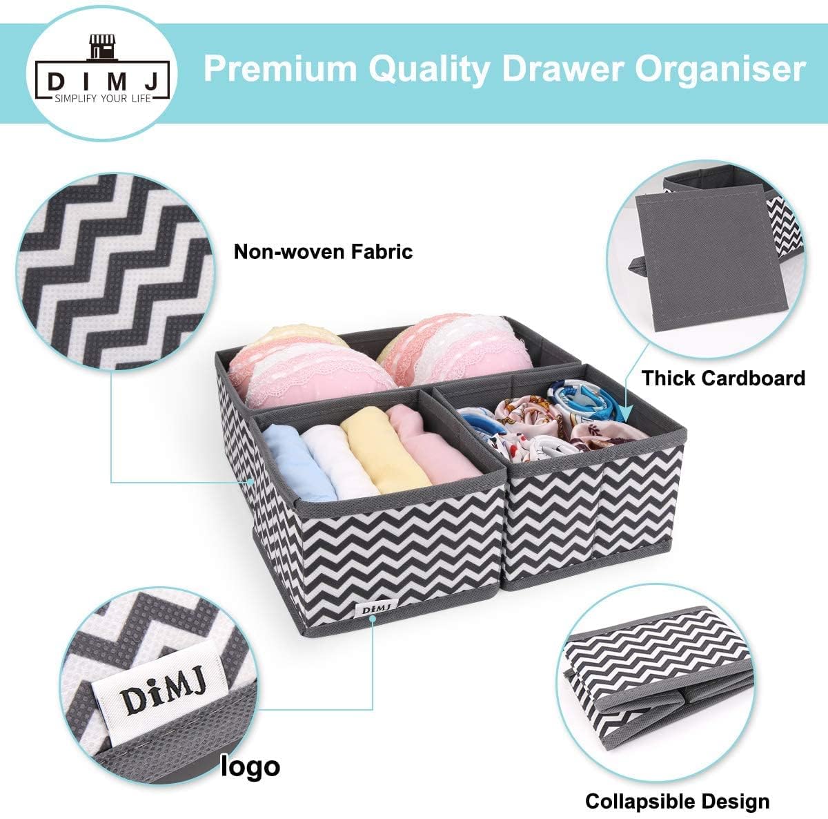 DIMJ 12 Pezzi Organizer Cassetti, Organizer per Cassetti, Divisori per Cassetti, Organizzatore Pieghevole per Calzini, Intima, Cravatte, Portafogli, Orologi e Piccoli Oggetti di Uso Quotidiano(Grigio)