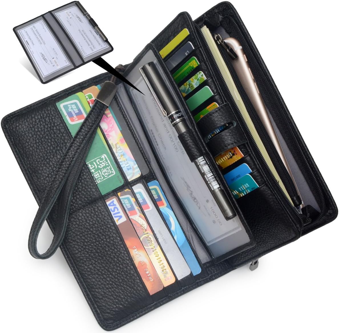 Bveyzi Women's Big Fat Rfid Leather Wristlet Wallet Organizer Large Phone Checkbook Holder with Zipper Pocket (Black) - Image 2