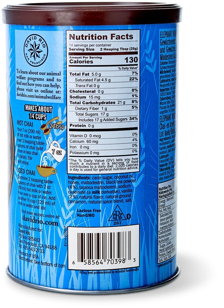 DAVID RIO Elephant Vanilla Chai® (Etichetta Ita) 389g Tin I Chai Latte with Black Tea, Vanilla, Honey & Cinnamon, Creamy Classic Tea with Caffeine