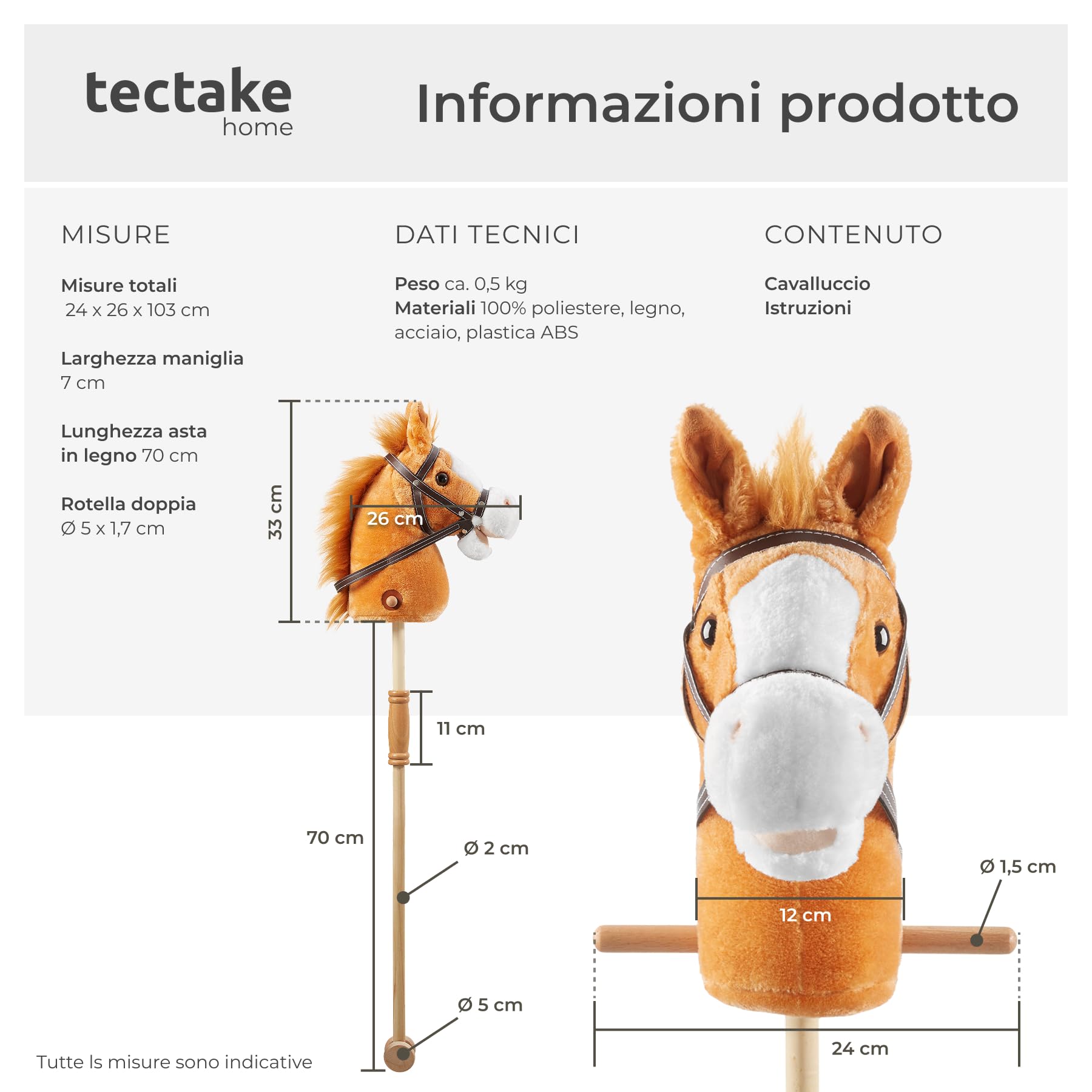tectake® Cavallo Giocattolo con Bastone per Bimbi, Peluche Cavallo, Cavalli Giocattolo con Bastone in Legno, Doppie Rotelle, Hobby Horse, Idee Regalo Equilibrio per Bambini dai 24 mesi - Marrone