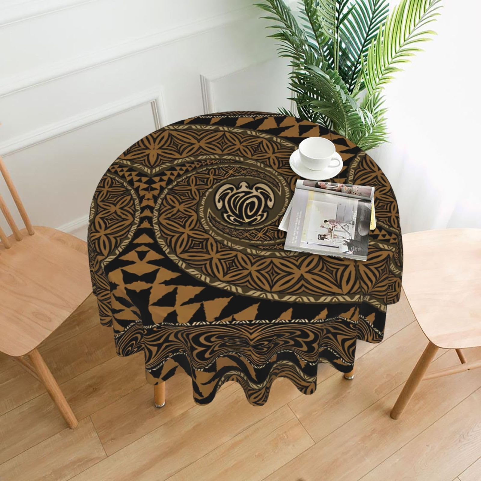Hjfczh Black Hawaiian Tapa Honu Turtle Prints Round Table Throw 60 Inch - Waterproof Table Cover - Soft & Wrinkle Resistant Decor Layer For Dinners, Parties & Everyday Use
