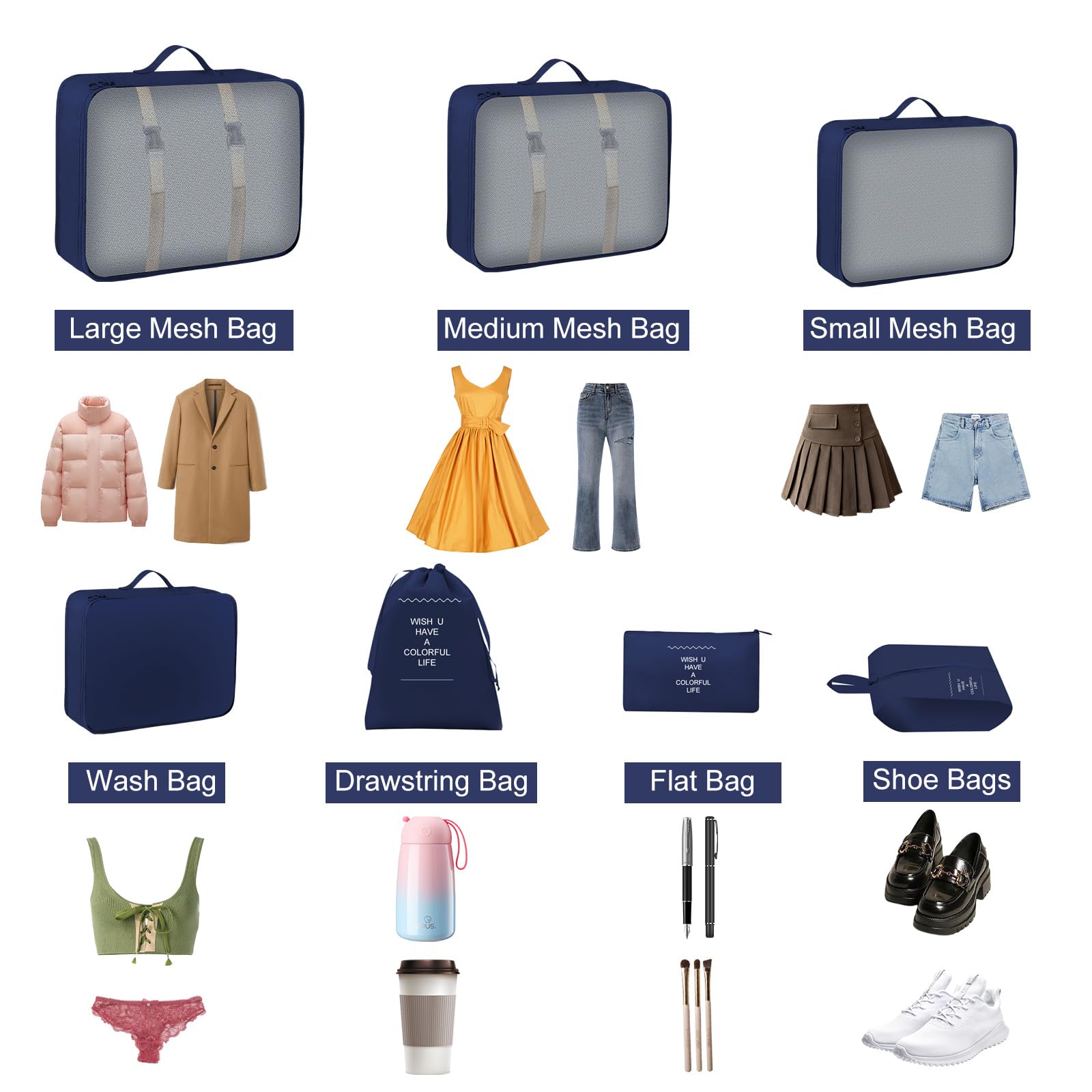 Set di 7 organizer per valigie, borse, organizer per valigie, per vacanze e viaggi, cubi da viaggio (blu scuro)