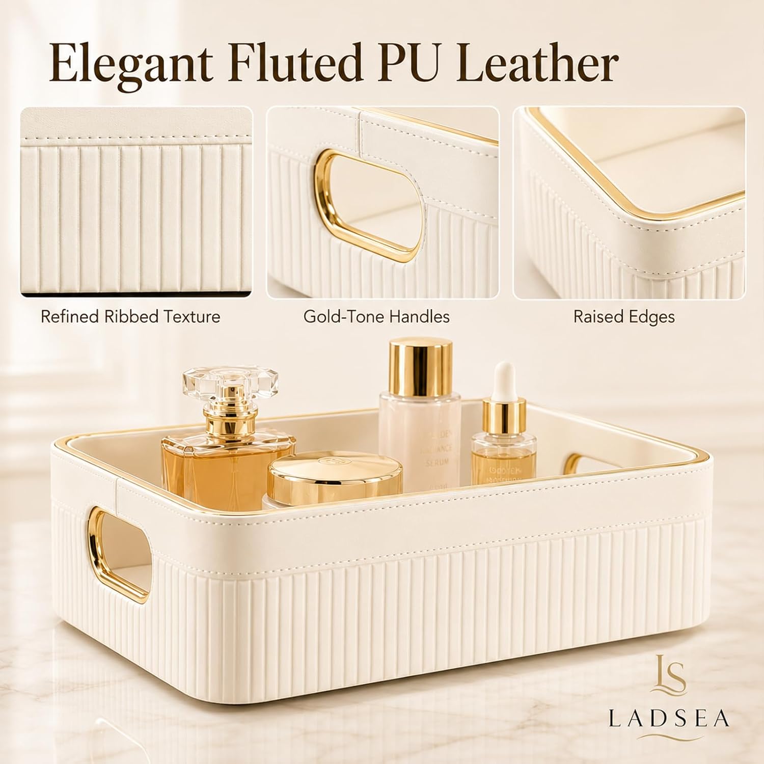 Perfume Organizer Tray with Handles, Leather Vanity Tray, Cream