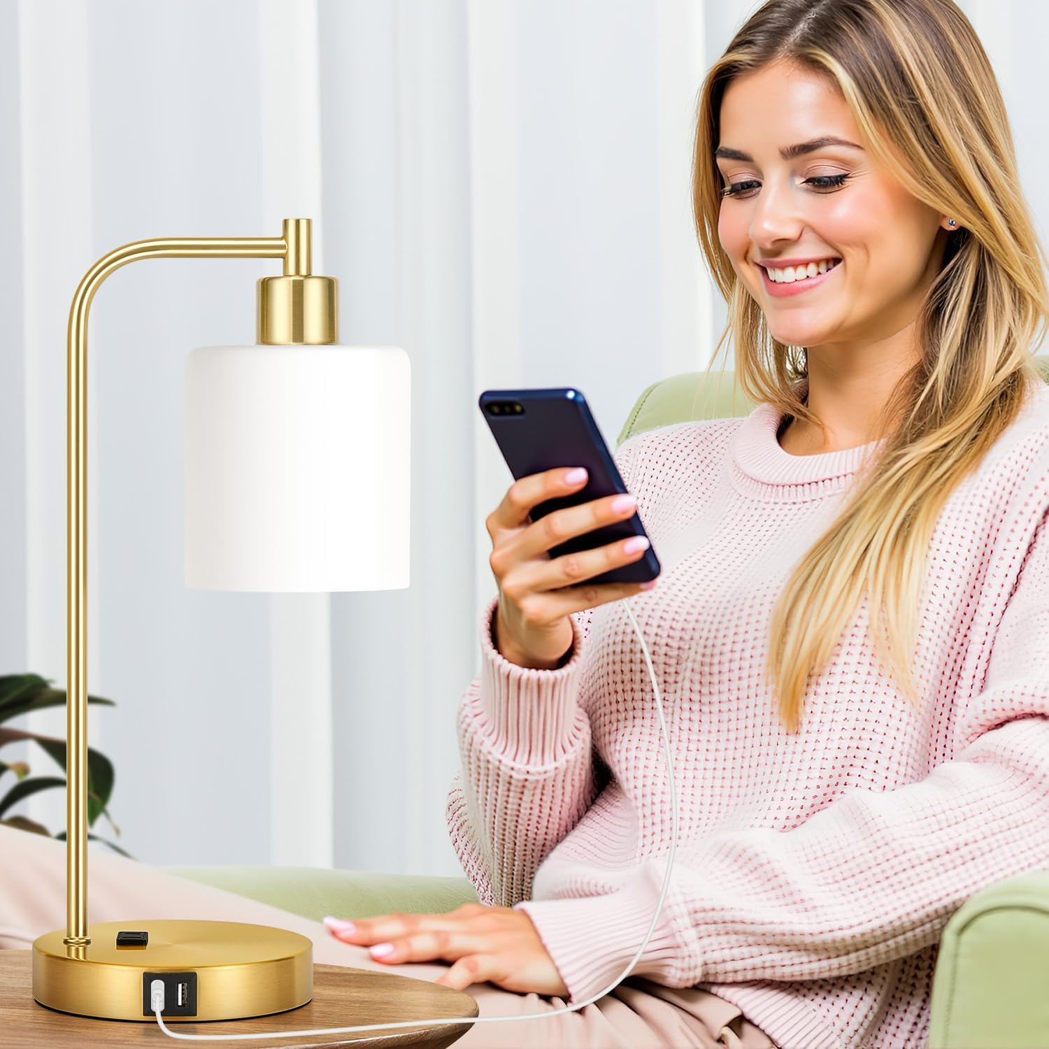 Set of 2 Industrial Touch Control Table Lamps with 2 USB Ports and AC Outlet - 3-Way Dimmable Gold Bedside Lamps Nightstand Desk Lamps for Bedroom Living Room, Opal Glass Shade & 2 LED Bulbs Included