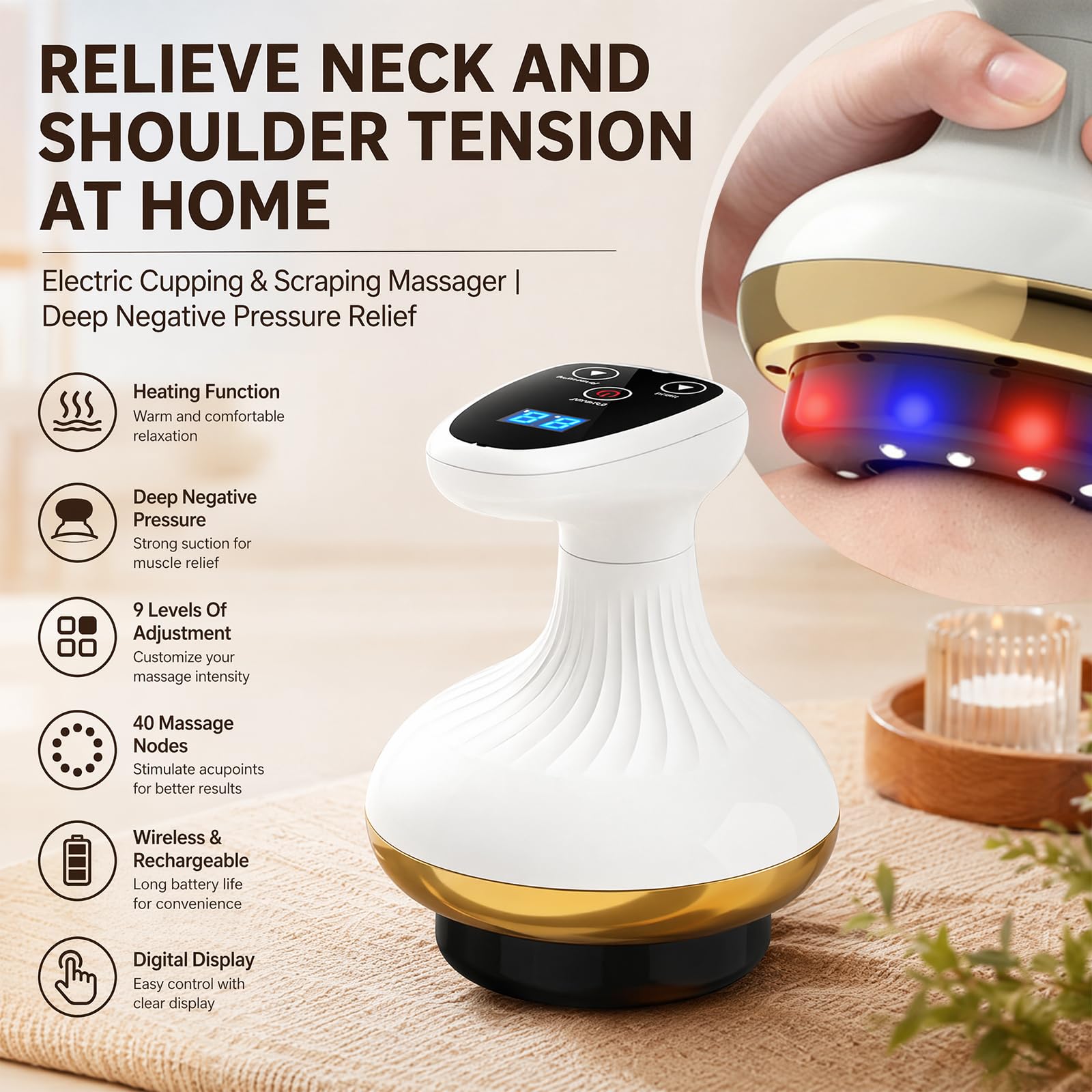 Vacuvia Cellulite Massager, Massagegerät mit Wärmetherapie, Gua Sha Elektrisch, Rotlicht & Blaues Licht, 9 Heizstufen+9 Saugstufen, Durchblutung, für Bauch, Taille, Arme, Beine, Gesäß