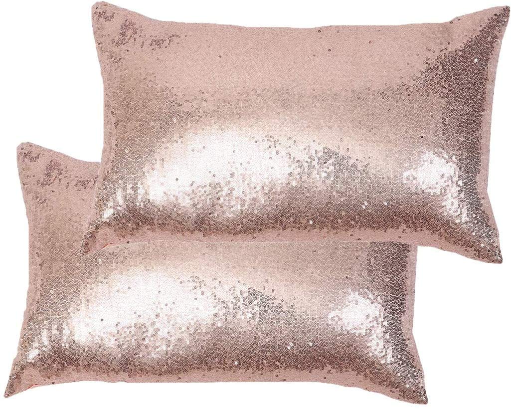 Eternal Beauty Rose Gold 2 PCS Rectangular Sequin Cushion Covers 12 x 20 Inch, Sparkle Throw Pillow Case for Home Decor Party with Invisible Zipper (30 x 50 cm)