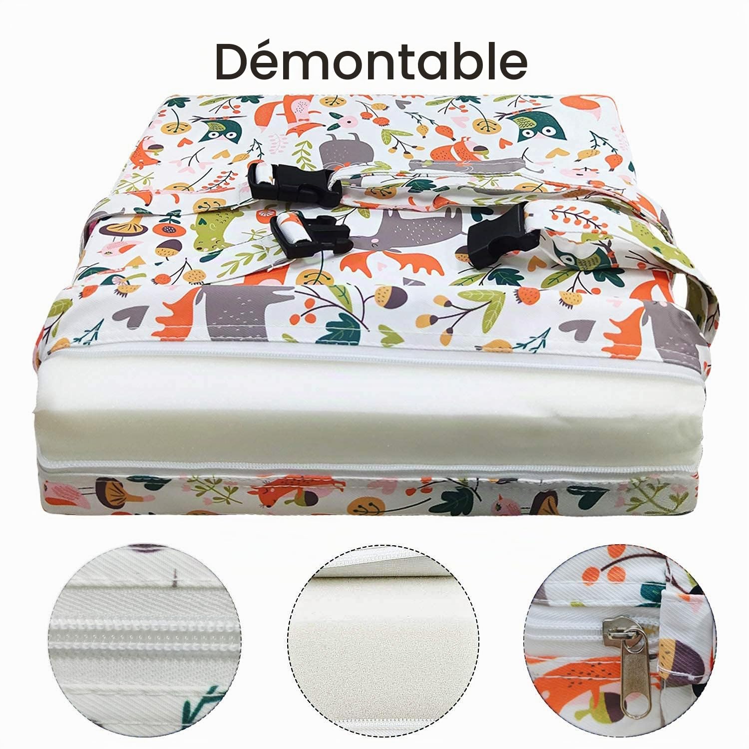 Rehausseur Chaise Enfant Coussin, en Toile de Coton Lavable avec 2 Sangles, Boucle de Sécurité, Motif de Dessin Animé Pour Enfant (Animaux-Blancs) 111