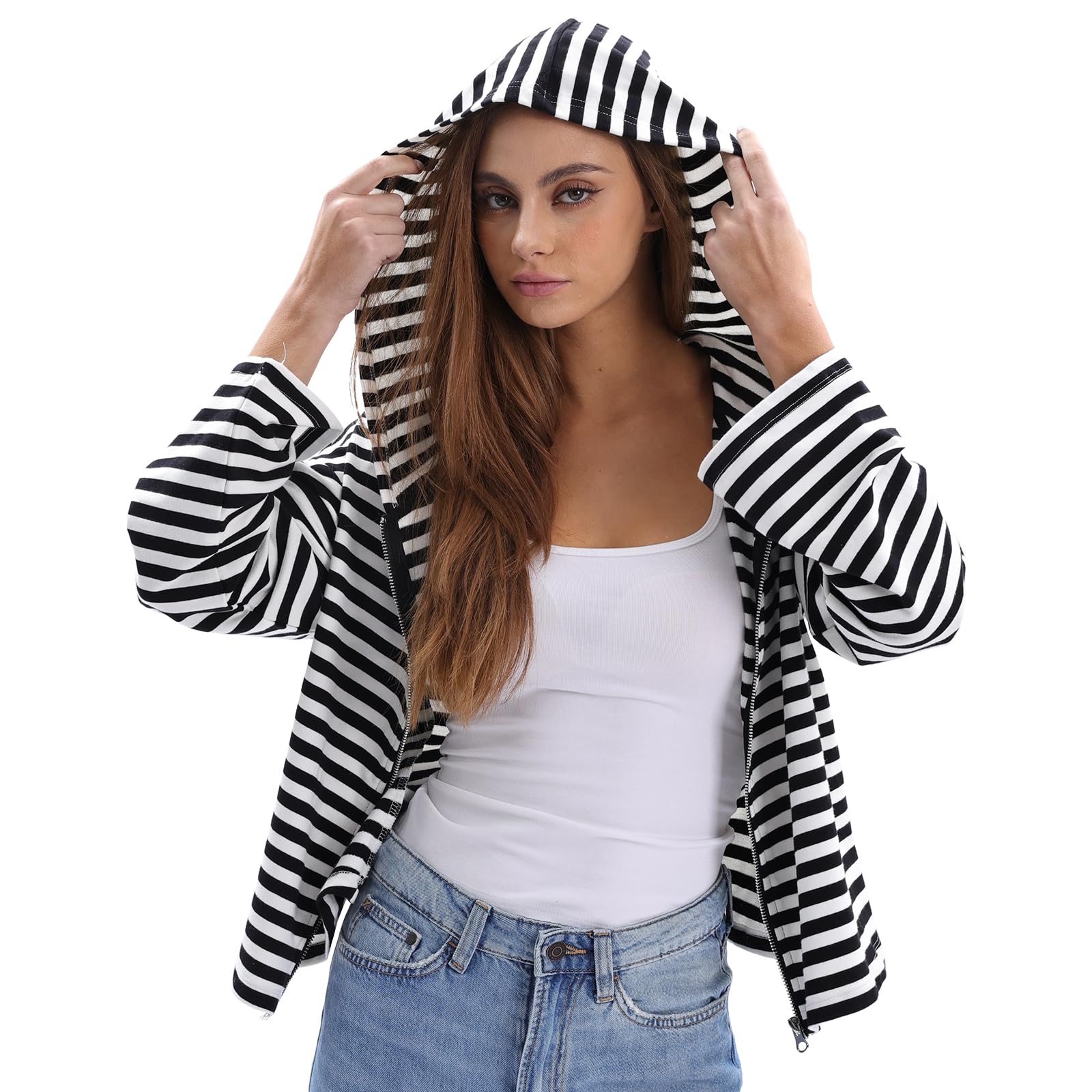 Amazhiyu Felpe con cappuccio a righe da donna UK, giacca oversize a maniche lunghe con cerniera intera, abbigliamento primaverile con cappuccio a righe S-XL