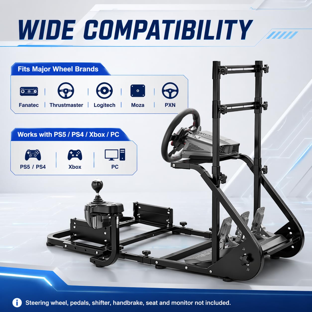 Racing Simulator Cockpit Frame with Monitor Mount, Adjustable Sim Racing Stand Compatible with Fanatec, Logitech, Thrustmaster, PXN & Moza, Heavy-Duty Steel Racing Wheel Stand, Black, Frame Only