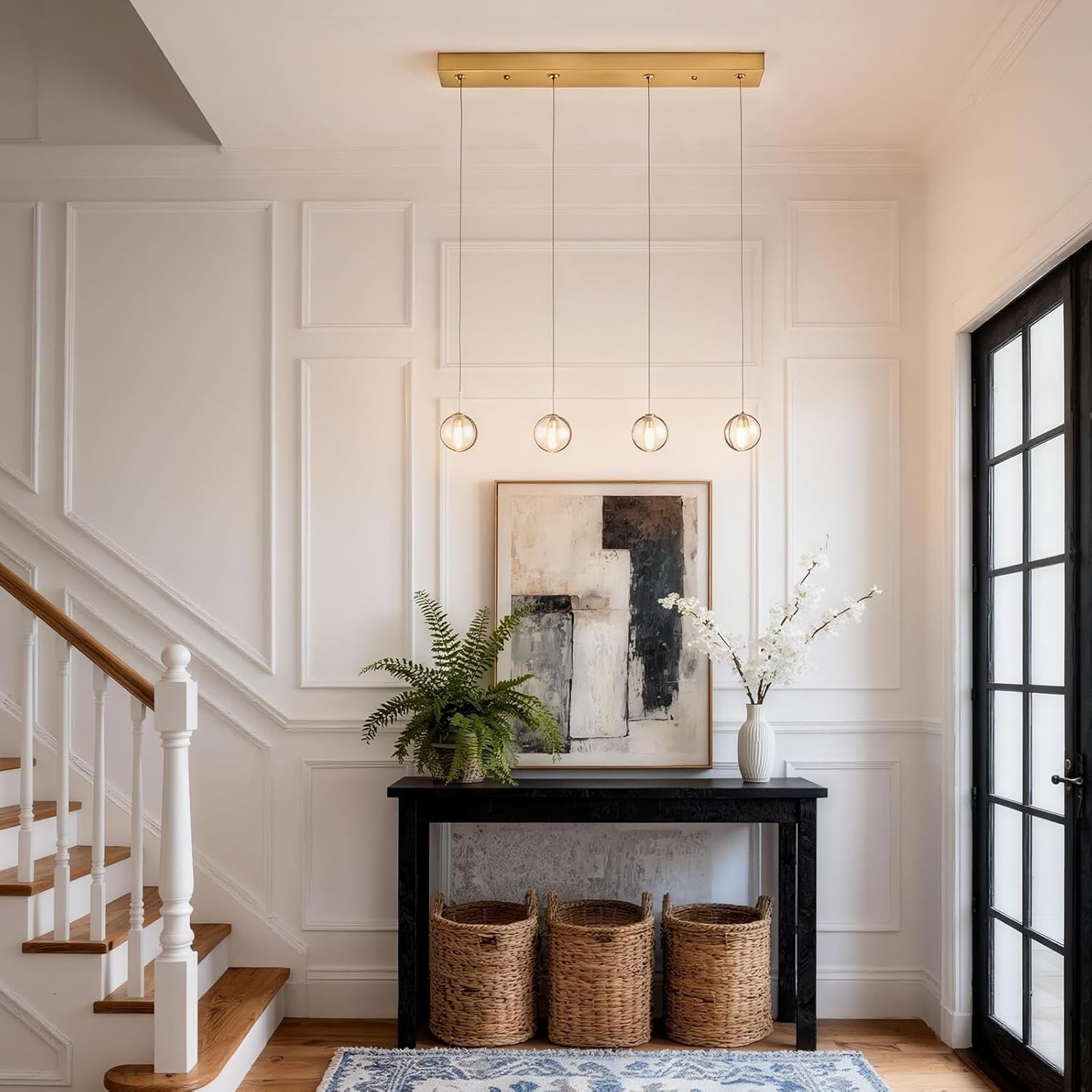 Brushed Gold 4 Lights Pendant Lights Kitchen Island Modern, Crystal Globe Hanging Dining Room Lights Over Table, Rectangular Chandeliers Over Sink for Living Room Hallway Bedroom