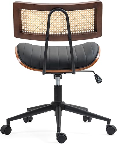 Vista 9 de Home Office Chair with Wheels, Adjustable Height Desk Chair with Rattan Backrest, Leather Swivel Computer Chair, Armless Modern Walnut Chair for