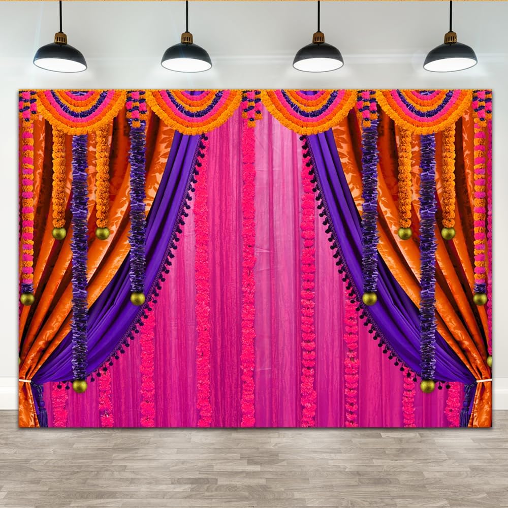 Lofaris Purple India Pooja Photography Backdrop Puja Ganpati Pooja Traditional Mehndi Festival Background Decorations Wedding Party Marigold Garlands Banner Photo Props 7x5ft
