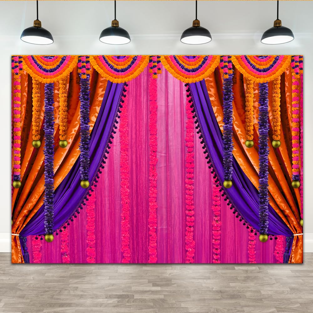 Lofaris Purple India Pooja Photography Backdrop Puja Ganpati Pooja Traditional Mehndi Festival Background Decorations Wedding Party Marigold Garlands Banner Photo Props 7x5ft
