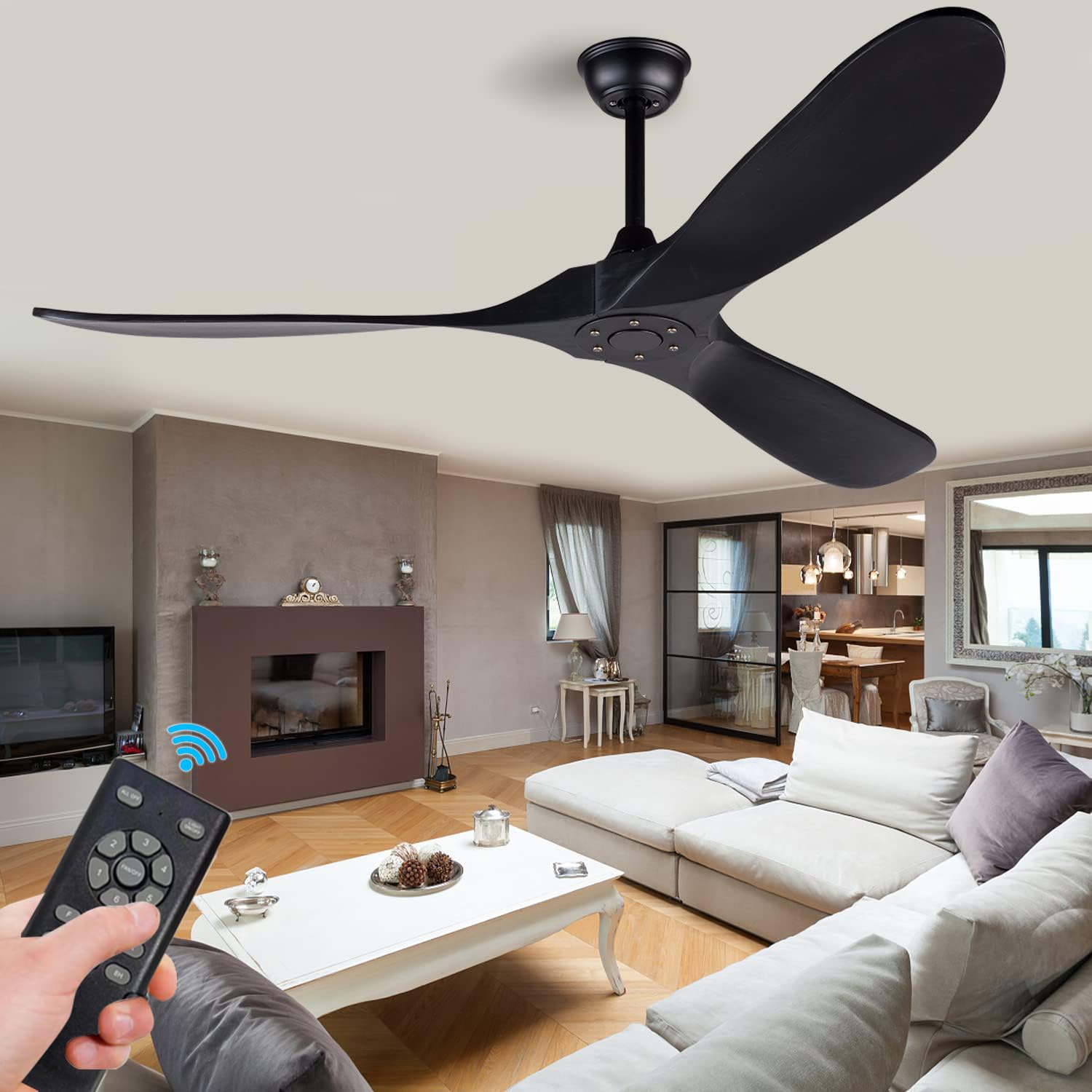 Solid Wood Ceiling Fans Without Light, 60 Inch Real Wood Ceiling Fan with Remote Control and 3 Blade, Natural Wood Ceiling Fan Waterproof, Indoor Outdoor Ceiling Fans for Patio, Bedroom, Living Room