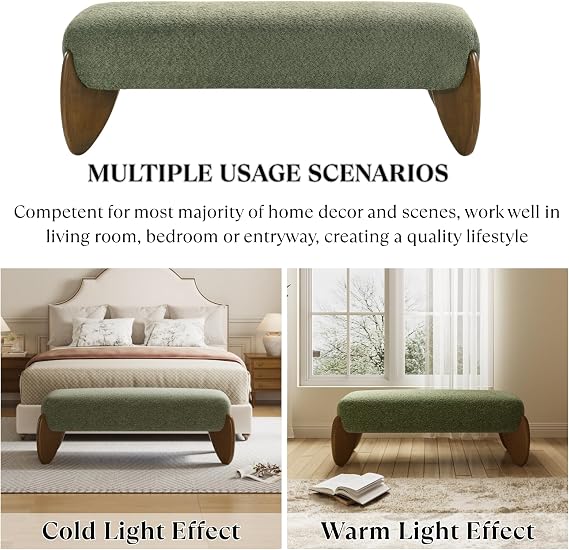 Ya-Home Chenille End of Bed Bench, Modern Entryway Bench for Bedroom/Living Room/Hallway, Upholstered Bedroom Ottoman Bench Window Bench with Padded Seat/Scalloped Wooden Legs, 50 Long, Green