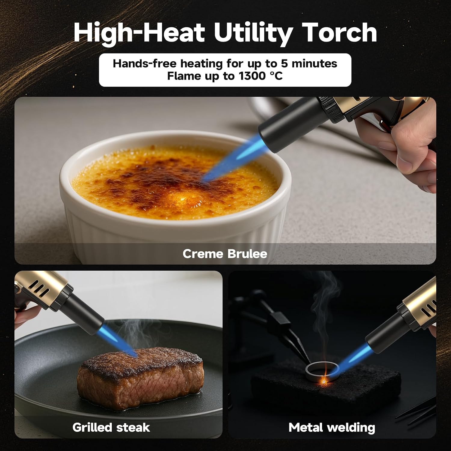 Kitchen Butane Torch Lighter, Refillable Jet Flame Torch with Fuel Gauge, Continuous Flame Lock & Base Stand for Cooking, Baking, Creme Brulee, Camping, Soldering, (Gold) (Butane Not Included)
