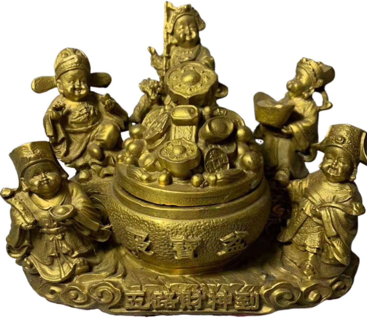 纯铜五路财神佛像黄铜鎏金大号带 Feng Shui Figurine Golden Treasure Basin 聚宝盆铜像招财供奉摆件 Feng Shui Figurine Home Office Decor Chinese Gifts 开业礼品 8089