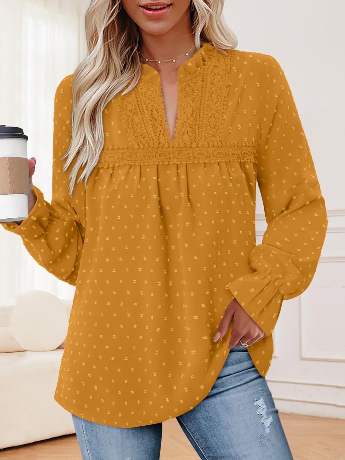 BETTE BOUTIK Womens Boho Fall Fashion Tops Long Sleeve Casual Shirts Flowy Swiss Dot Blouses - Image 3