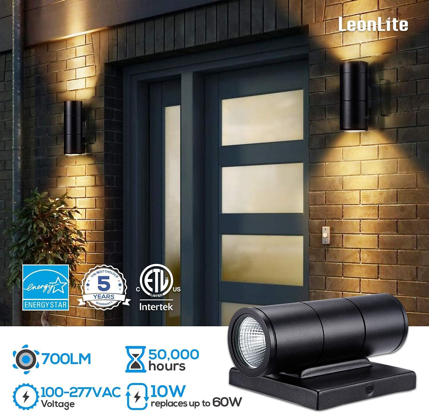 🔥 Flаѕh Sаlе LEONLITE LED Cylinder Up Down Wall Light, 10W 700lm, Modern Outdoor Porch Light, 100V-277V, Wet Location Wall Sconce, 3000K Warm White, Door Way, Corridor, Garage, Pack of 2
