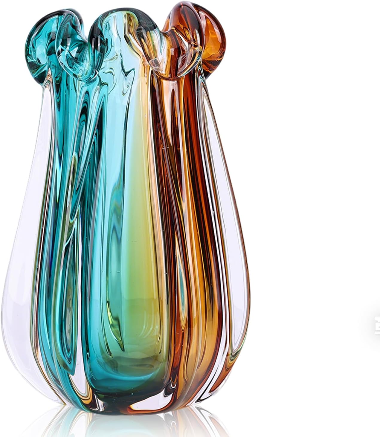 Hand Blown Glass vase, Gradient Blue and Amber Thick-Walled Decorative vase, Glass Art Wide-Mouth vase, Suitable for Living Room Coffee Tables, entryway Decor, Offices, and TV Cabinet Accents. (L)