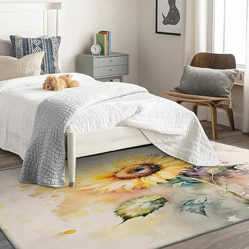 Miniatura 2 de Alfombra de área de girasol de 3 x 5 pulgadas, alfombra floral de acuarela, alfombras lavables para decoración de sala de estar y dormitorio,