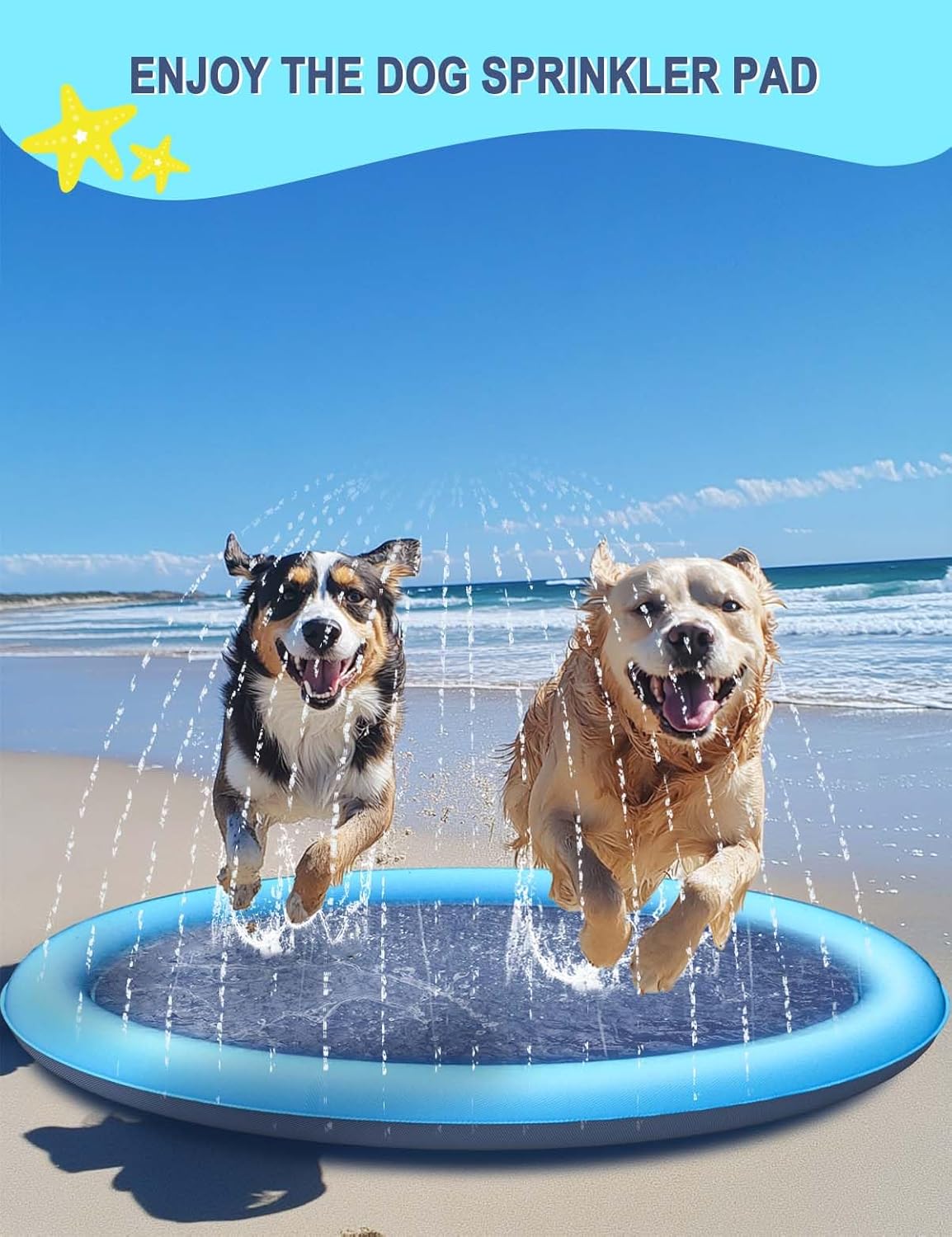 67IN Dog Splash Pad, Durable Blue Pet Water Mat, Non-Slip Sprinkler Design, Leakproof and Safe, Easy to Install, Fun for Dogs and Kids in Summer