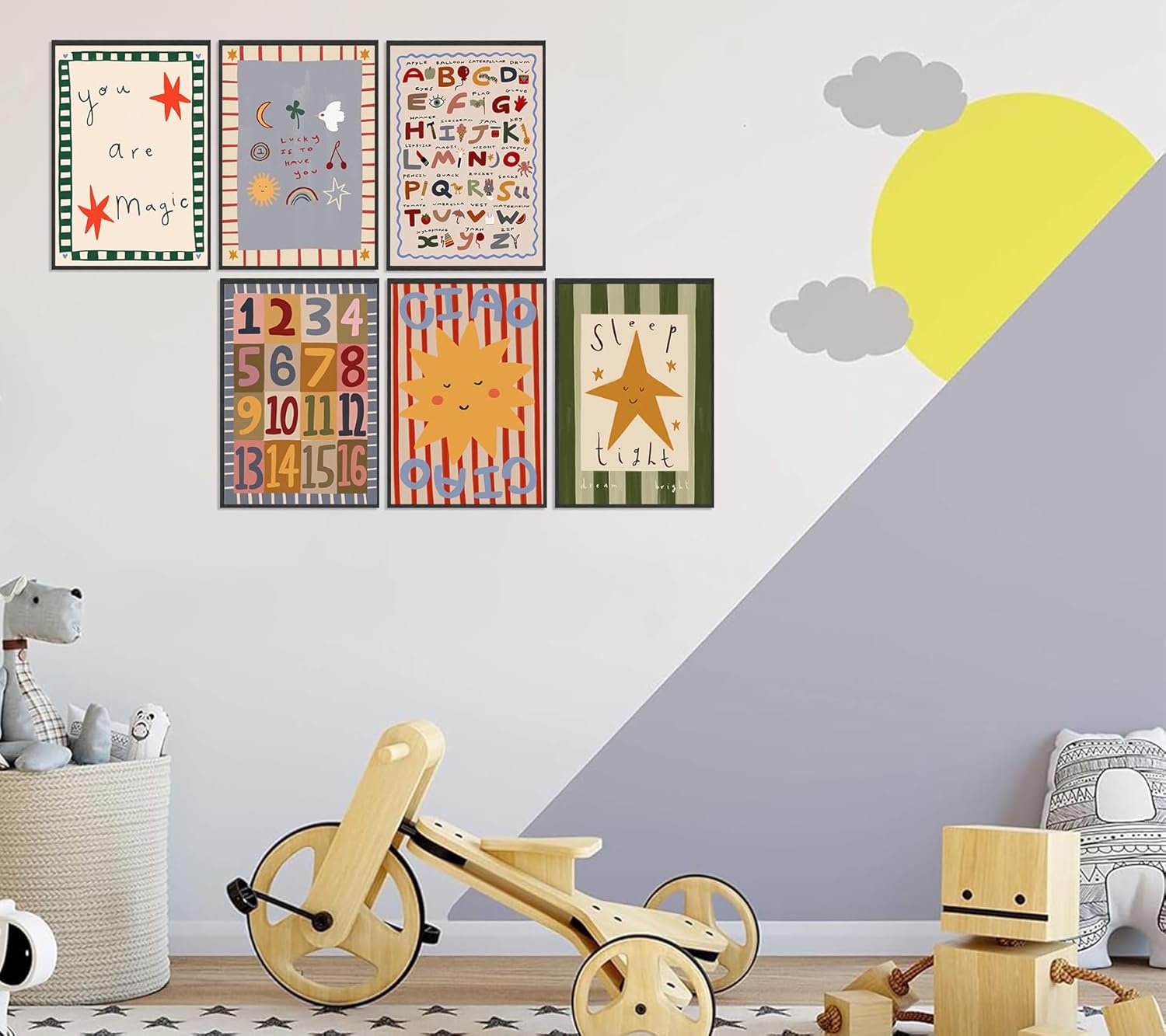 6Pcs Colorful Kids Room Wall Art Digital Letter Educational Wall Decor Prints Boho Colorful Stripes Paintings Artwork Star Sun Pictures for Nursery School Home Decoration 12x16in No frame