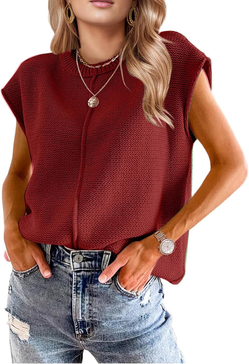 Womens Winter Fashion Sweater Tops 2025 Trendy Western Knit Business Casual Work Cap Sleeve Vest Cute Outfits Tops