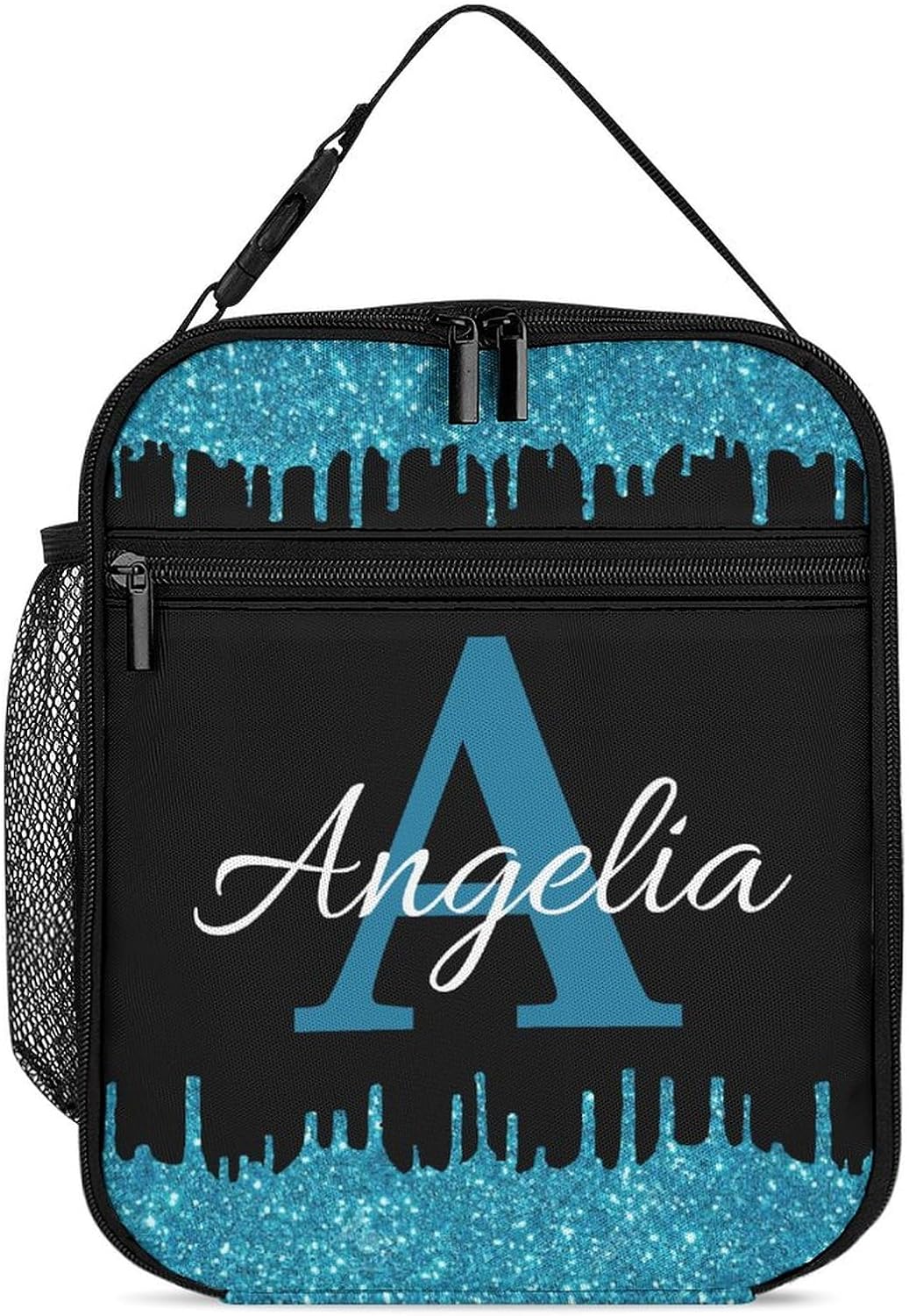 Bolsa de almuerzo con nombre personalizado para hombres y mujeres, con monograma de purpurina azul, hielera, portátil, con nombre, para niñas,