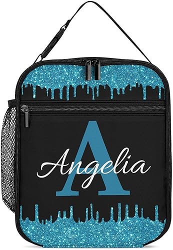 Bolsa de almuerzo con nombre personalizado para hombres y mujeres, con monograma de purpurina azul, hielera, portátil, con nombre, para niñas,