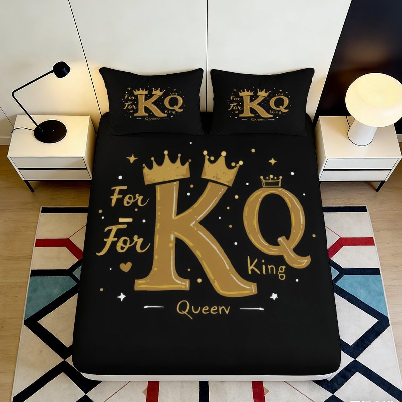 3D Printed King Queen Crown Fitted Sheet Microfiber Black Gold Bed Cover Non Slip Washable for Bedroom Dorm Decor 90x200x25cm
